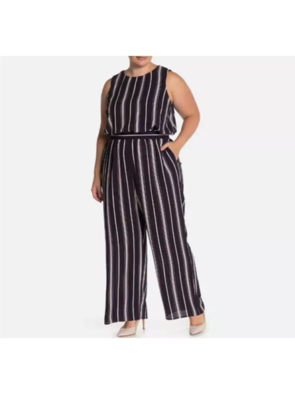 Eliza J Striped Wide Leg Jumpsuit In Navy/Pink/White Women's Sz 10
